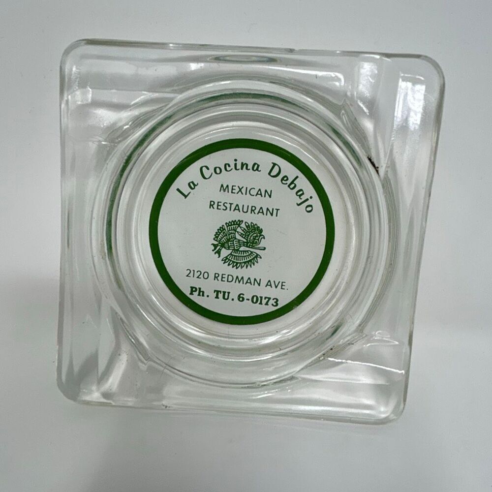 Vtg Mexican Restaurant Ashtray La Cocina Debajo Clear Glass Square Aztec Bird Gr